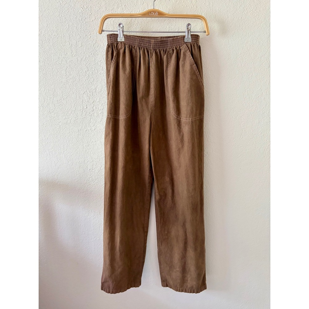 Vintage High Rise Elastic Waist Straight Leg Pants Brown Patch Pocket Trousers